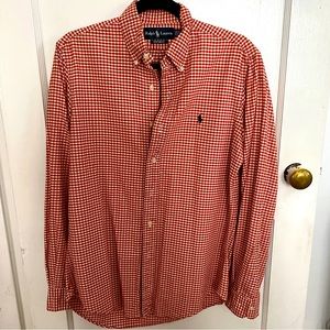 Long sleeve polo button up - orange gingham with green polo